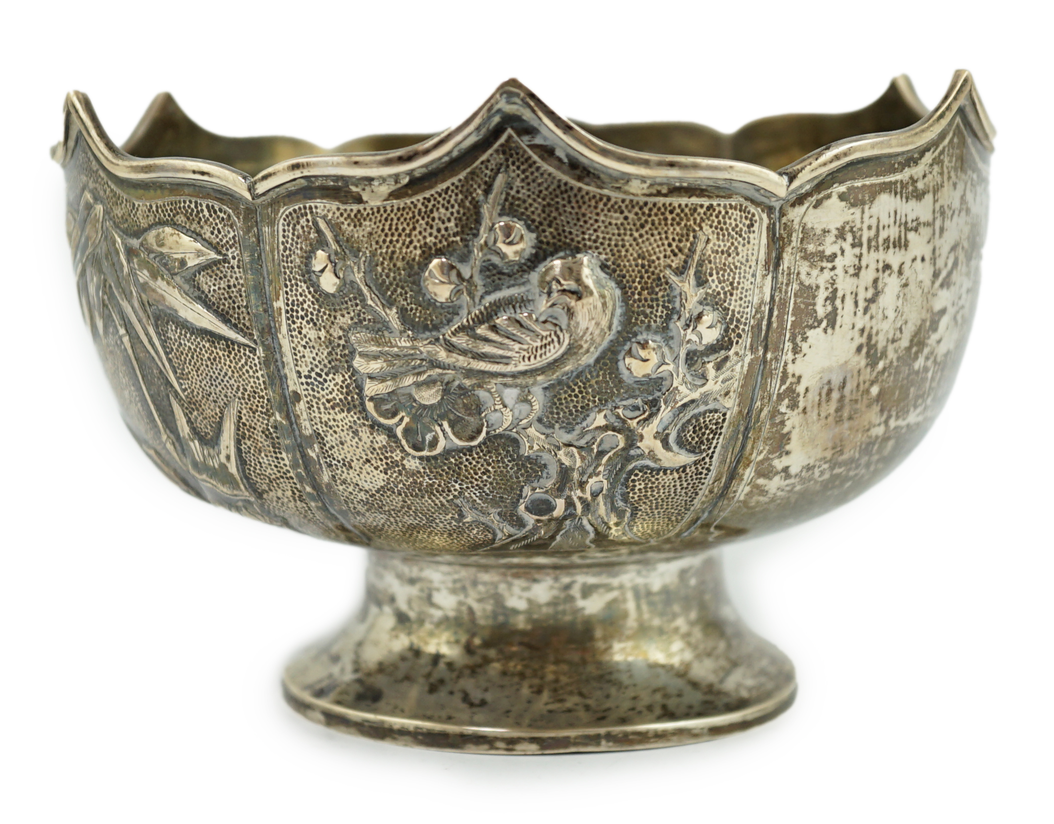 A Japanese white metal small rose bowl